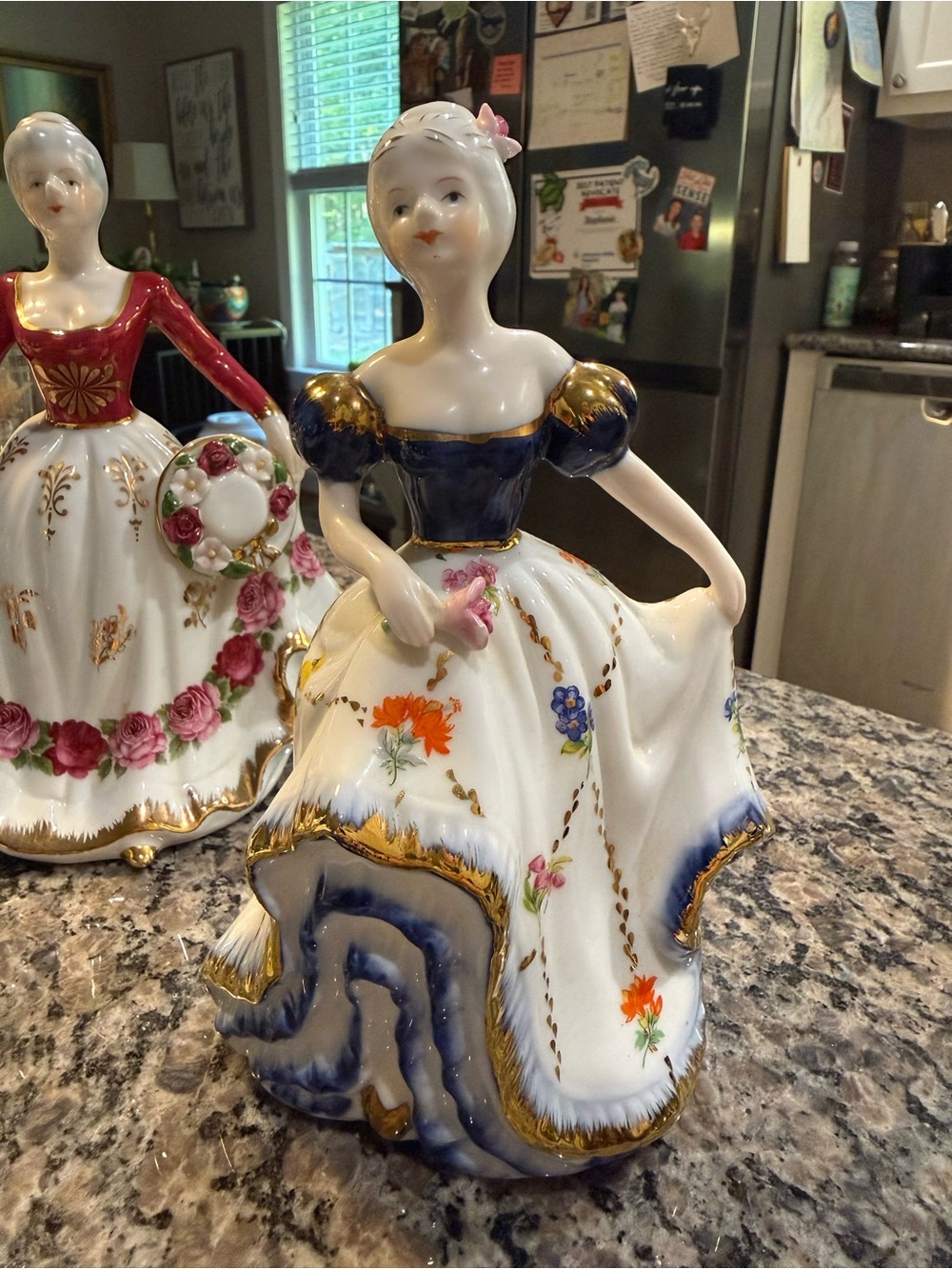 Porcelain Lady Figurine in White and Navy with Gold Accents